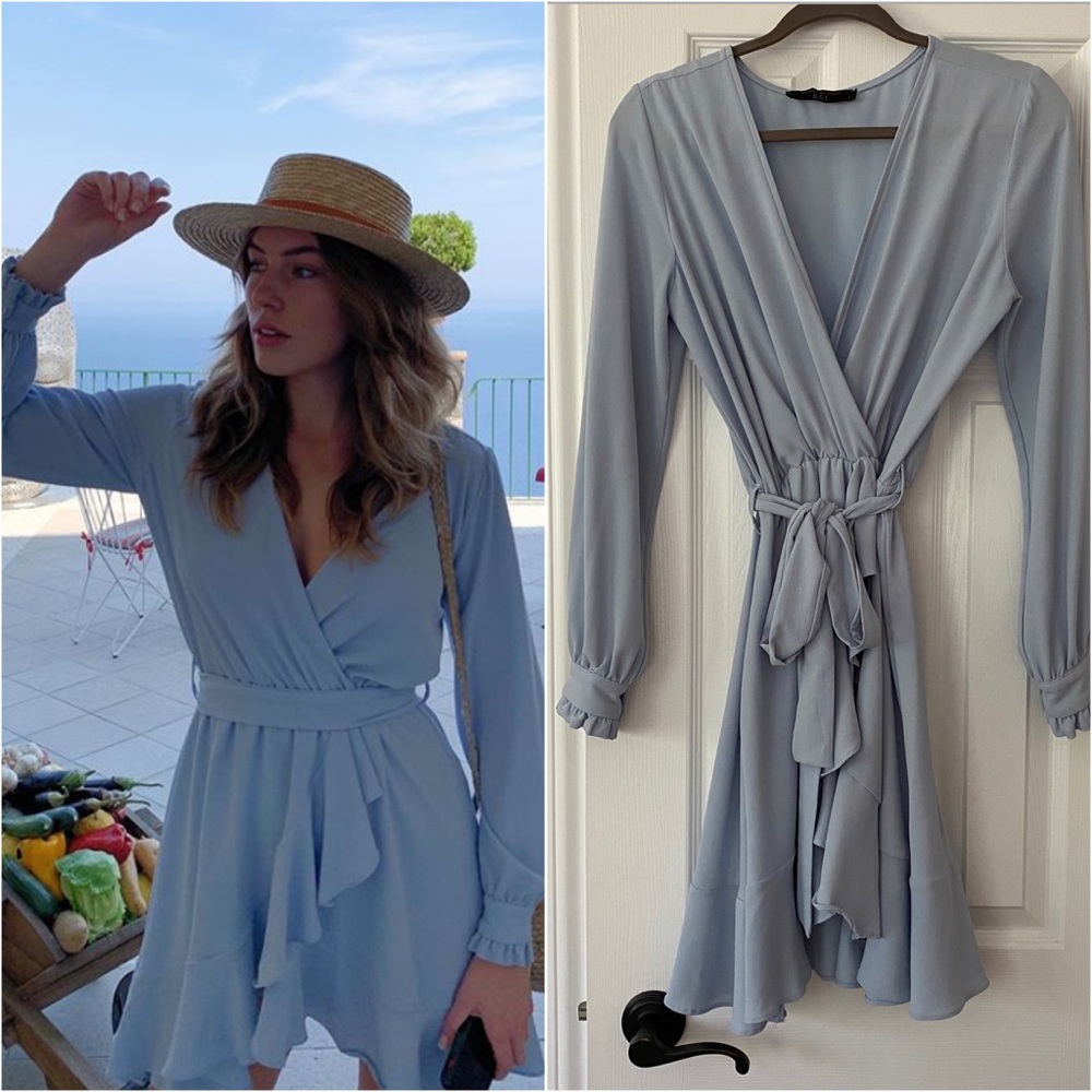 BSL Light Blue Long Sleeve Faux Wrap Dress